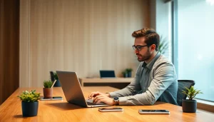 Headhunter IT arbeitet engagiert am Laptop in einem modernen Büro.