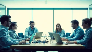 IT-Profis diskutieren bei einem Meeting, angeleitet von einem Headhunter IT, während sie innovative Technologien nutzen.