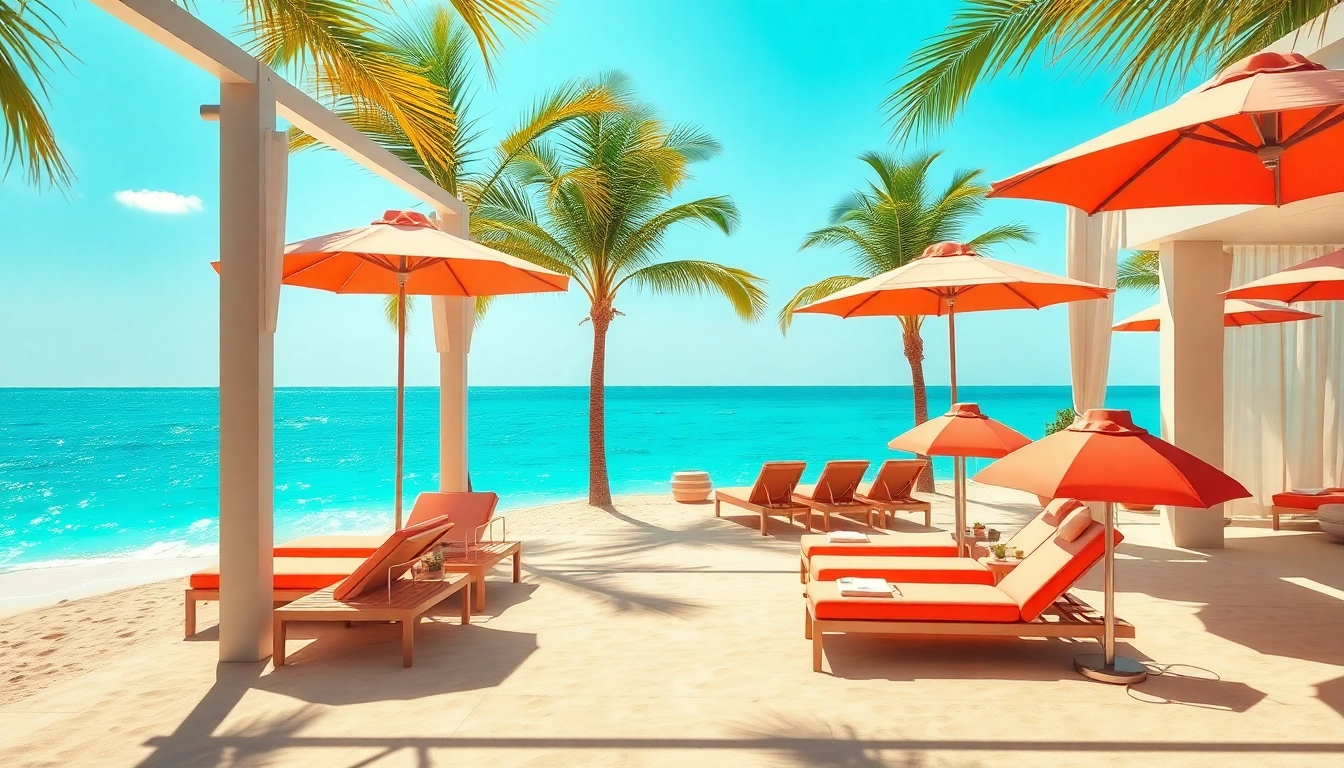 Experience the serene coastal cabana with stylish lounge chairs and palm trees.