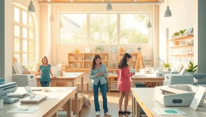 Personen gestalten persönliche Karten drucken in einer kreativen Werkstatt.