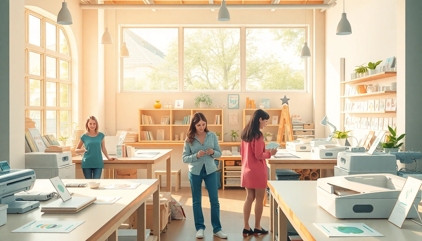 Personen gestalten persönliche Karten drucken in einer kreativen Werkstatt.