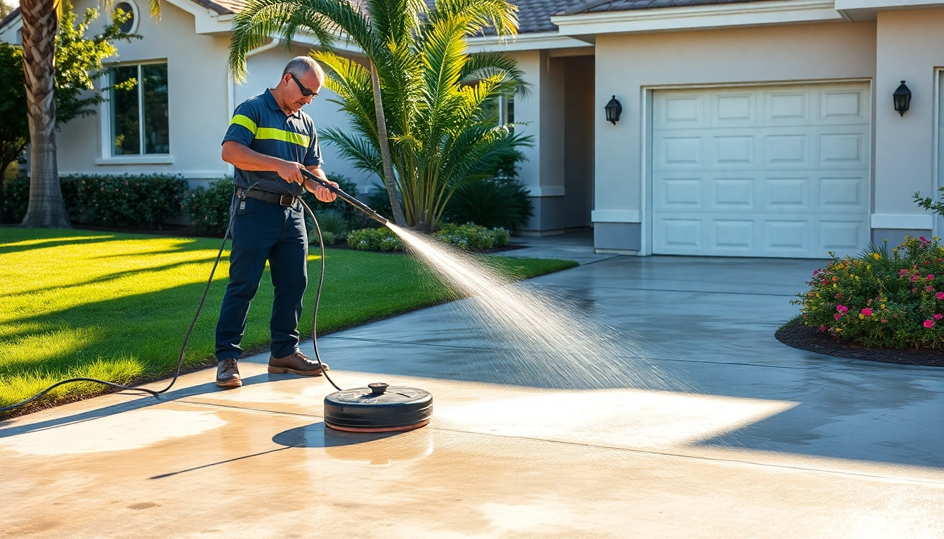 Driveway pressure wash in Kissimmee, FL, showcasing a professional cleaner removing grime from concrete.