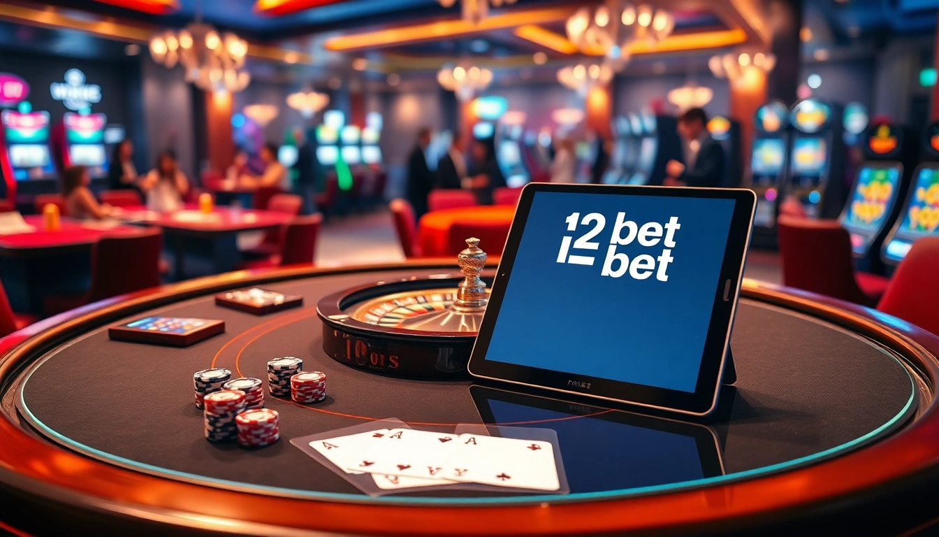 Experience the excitement of link 12bet with dynamic poker chips and a roulette wheel.