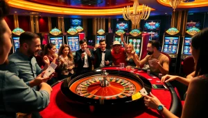 Experience thrilling gameplay at https://f8bet.dental/ with players enjoying poker and roulette in a luxurious casino environment.