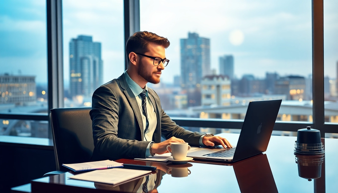 Headhunter Gastronomie beim Arbeiten im modernen Büro, umgeben von Notizen und Laptop.