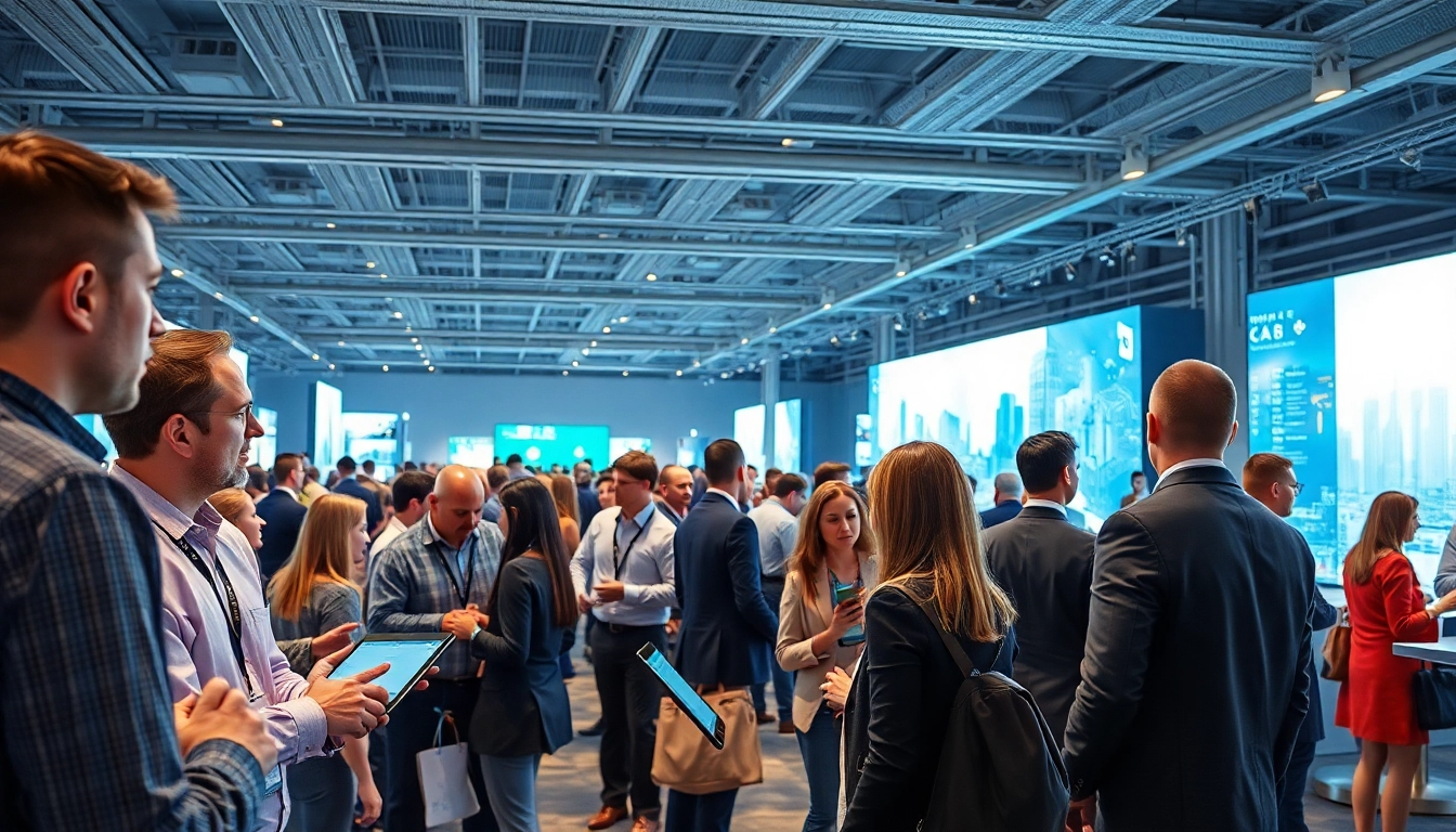 Technologie-Konferenz mit Fachleuten, die in lebhaften Diskussionen und Interaktionen vertieft sind.