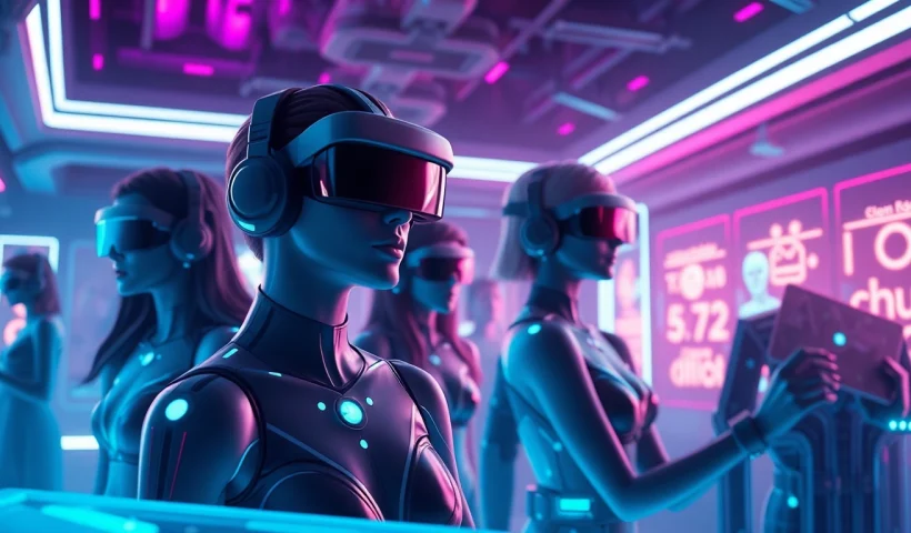 Porn AI chat immersive virtual reality scene with digital avatars and neon accents