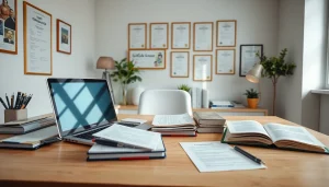 Arbeitsplatz eines zertifizierten Übersetzers mit Werkzeugen und Dokumenten für beglaubigte Übersetzer-Dienste.