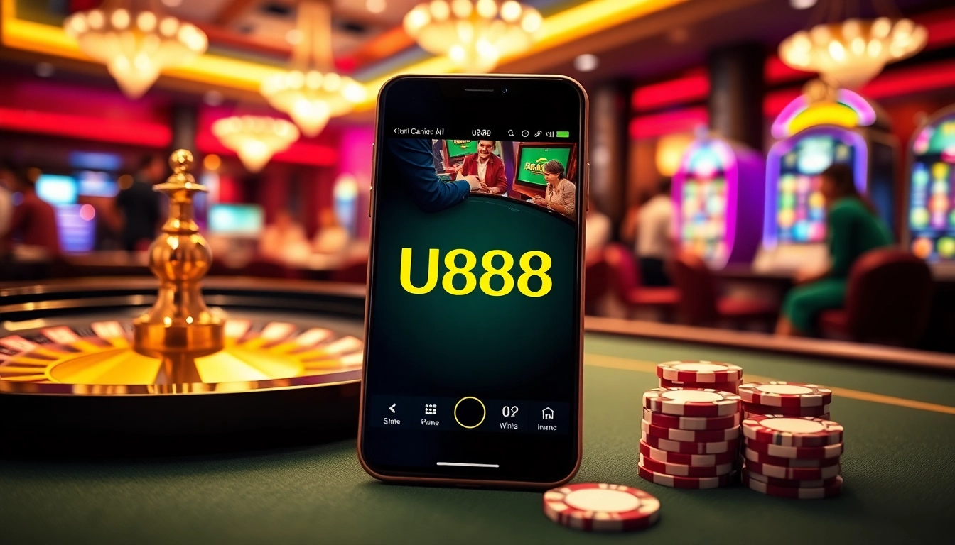 U888 gaming interface showcasing engaging casino action with poker chips and roulette wheel.