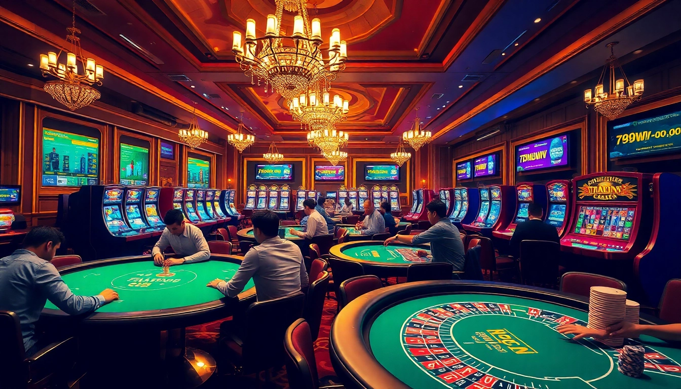 Players enjoying intense card games at the 789win club casino with vibrant tables and lively atmosphere.
