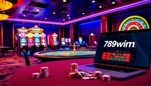 Visual representation of 789win lừa đảo with a glamorous casino setting, showcasing poker and online gambling elements.