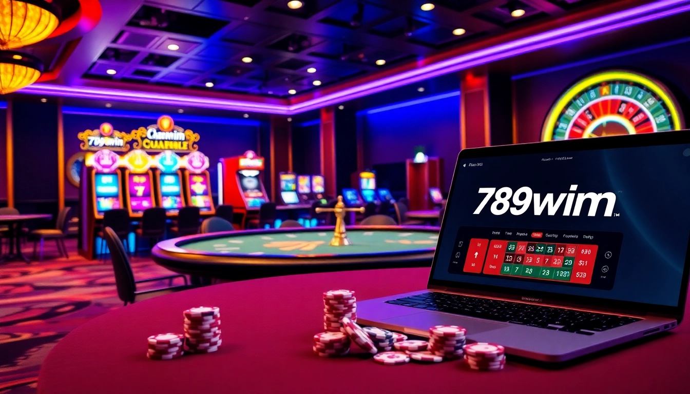 Visual representation of 789win lừa đảo with a glamorous casino setting, showcasing poker and online gambling elements.
