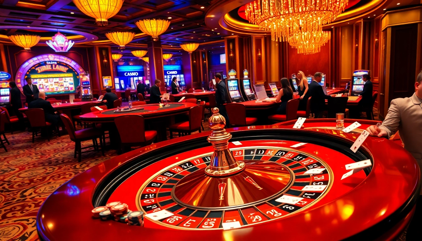 Experience the excitement of Jun 88 in a luxurious casino environment with vibrant gaming tables, poker chips, and lively players.