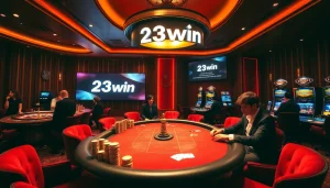 23win casino scene with players gambling at roulette and poker tables.