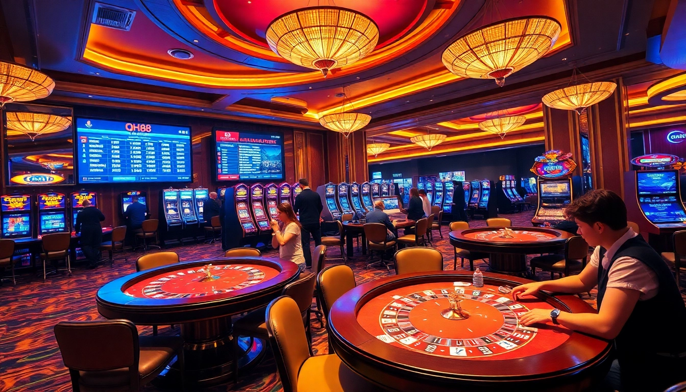 Excited gamblers enjoy their experience at QH88's vibrant casino floor with games and promotions.