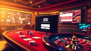 Exciting online casino atmosphere showcasing 88i đăng nhập with poker chips and roulette wheel.