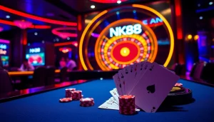 Betting excitement at https://nk88net.com/ with poker chips and a vibrant casino scene.