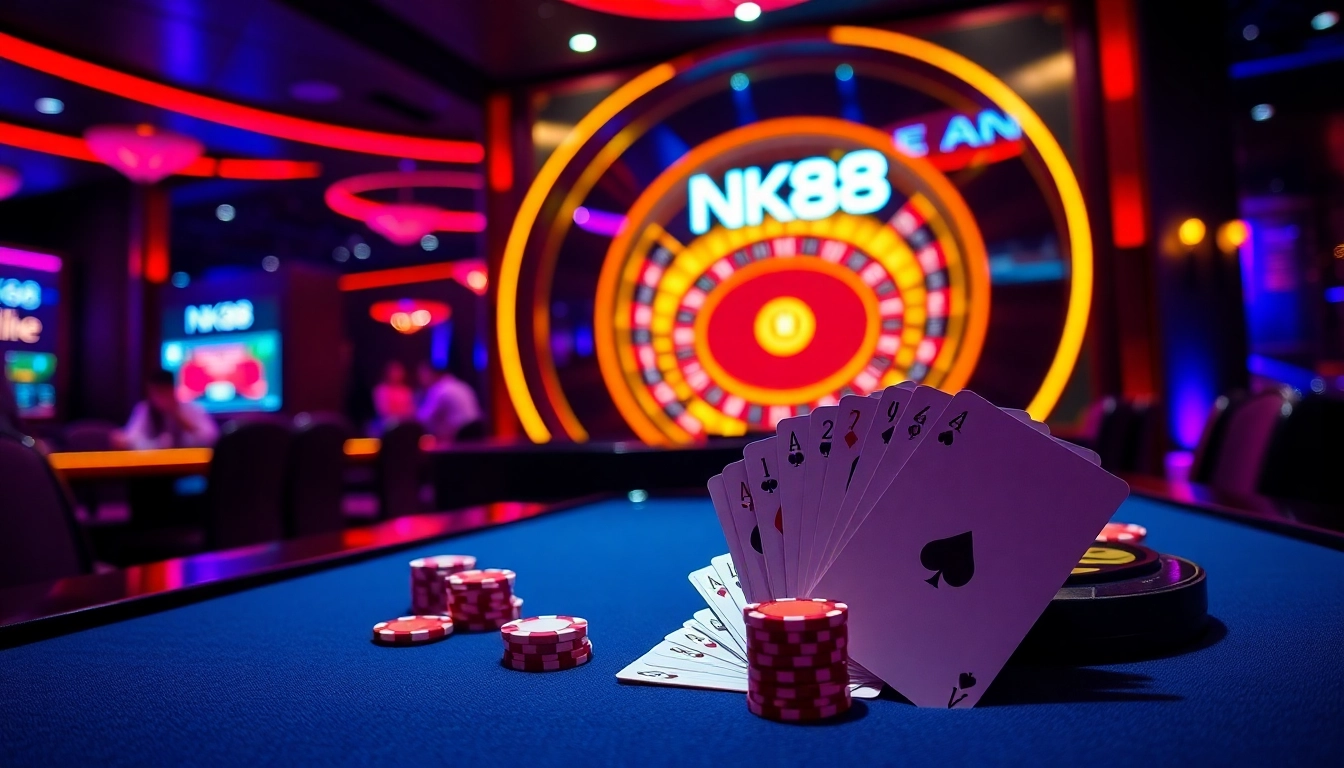 Betting excitement at https://nk88net.com/ with poker chips and a vibrant casino scene.