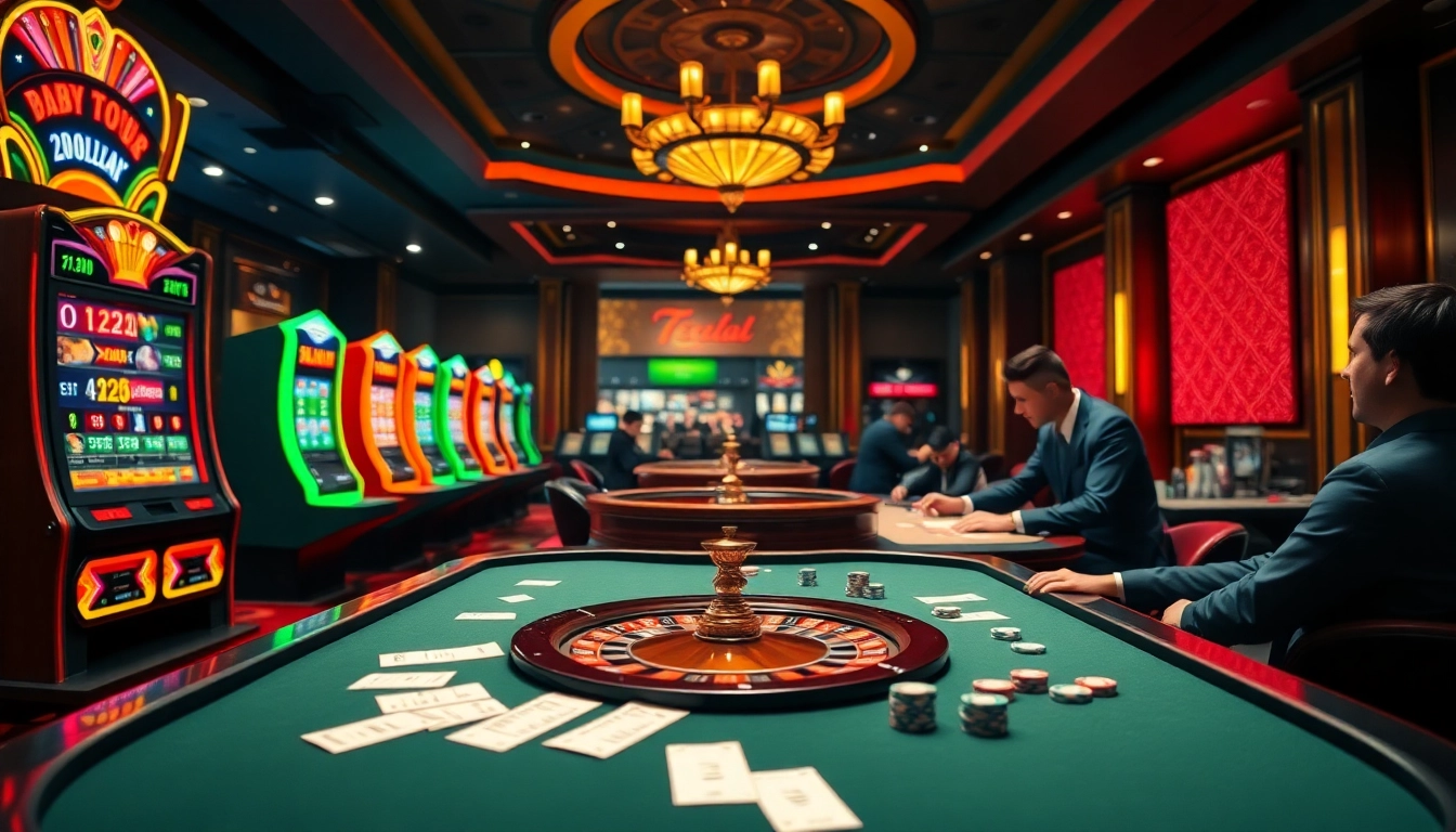 Exciting moment of players engaging with online gambling at 789club, showcasing slot machines and poker tables.