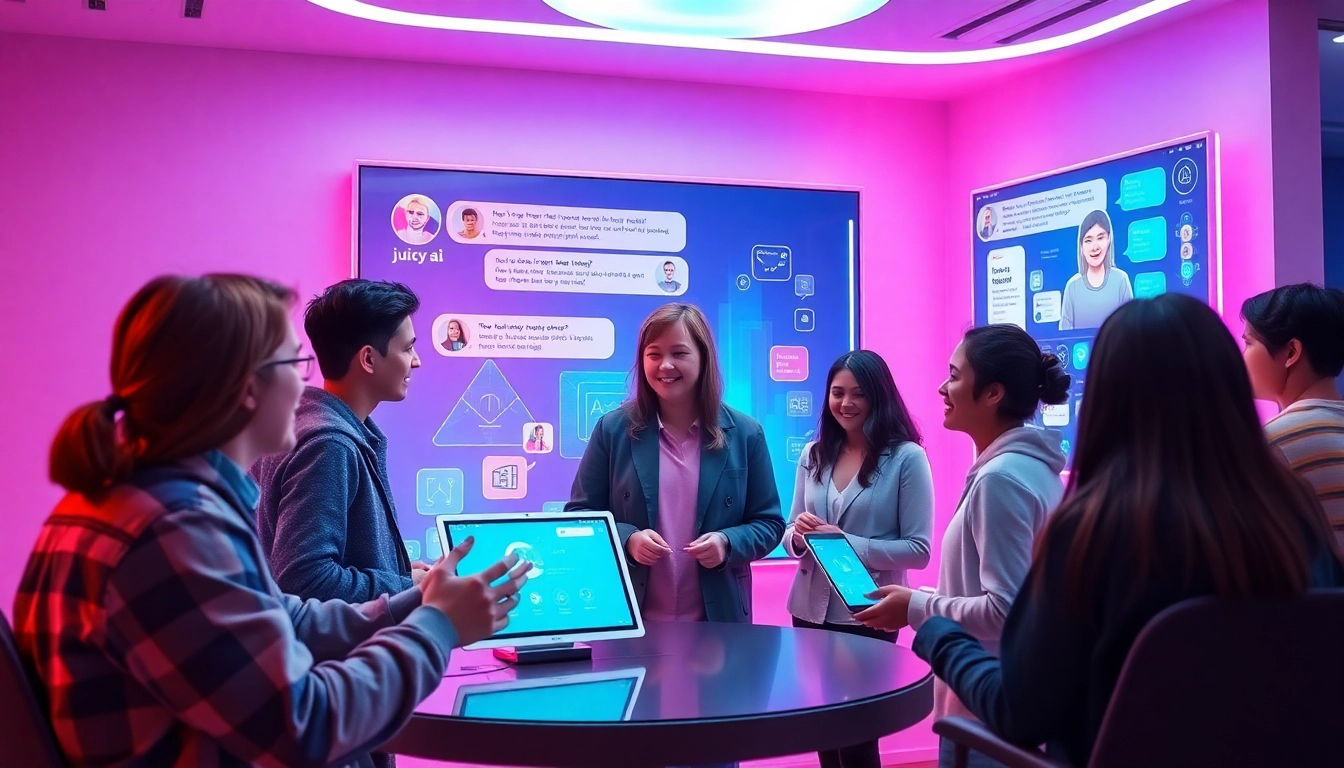 Interactive scene showcasing users engaging with juicy ai chatbots in a modern, vibrant environment.