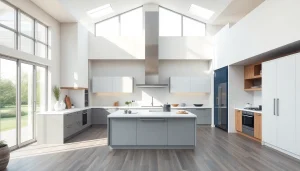 Showcase kitchen remodeling with a modern open layout and bright natural lighting.