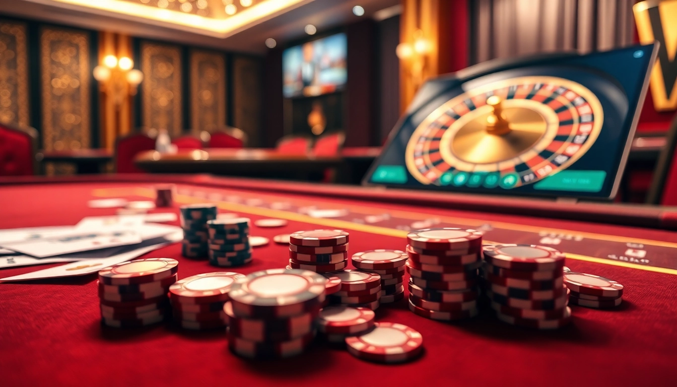 Experience thrilling gaming at 789P with vibrant poker tables and a lively roulette wheel.