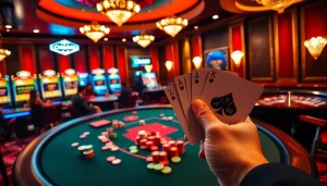 Engaged players celebrating a win at a poker table with CM88 chips in hand, showcasing casino excitement.