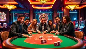 Intense gaming action at kubet11 poker table with vibrant chips, cards, and excited players.