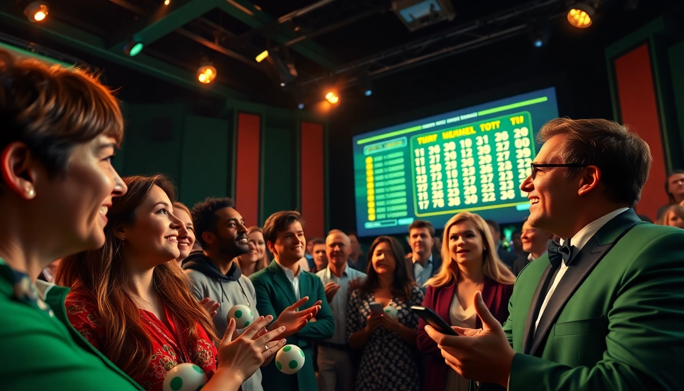 Exciting lottery drawing scene with results from https://songthulo.site/ showcasing diverse viewers captivated by the moment.