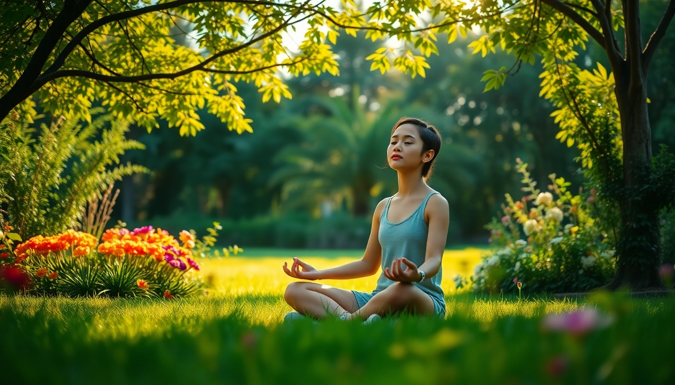 Enhancing emotional wellbeing through mindfulness practice in a serene garden setting.