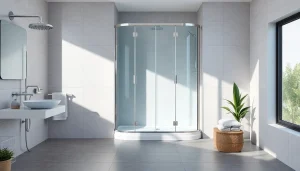 Sonni Duschkabine 90x90 in modernem Badezimmer-Design mit elegantem Glas und Chrom-Details.