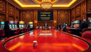 Cazinouri online germania bonus fără depunere: O scenă captivantă de cazinou cu dealeri, mașini de slot vibrante și mese de poker.