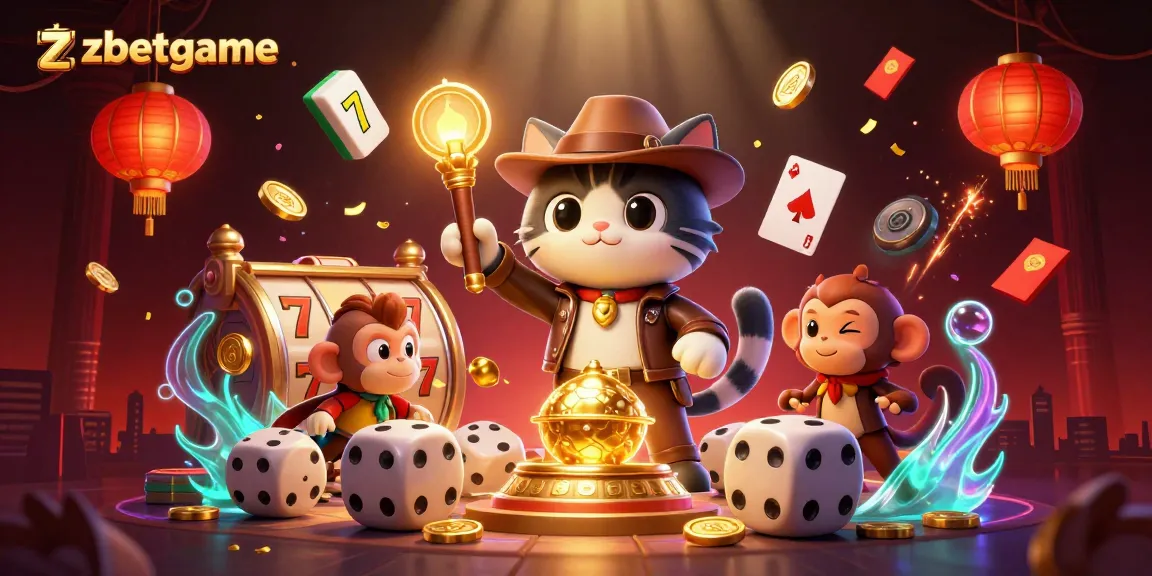 Engage in thrilling slots at zbetgame with a 3D digital illustration showcasing an adventurous cat and monkey discovering casino treasures.