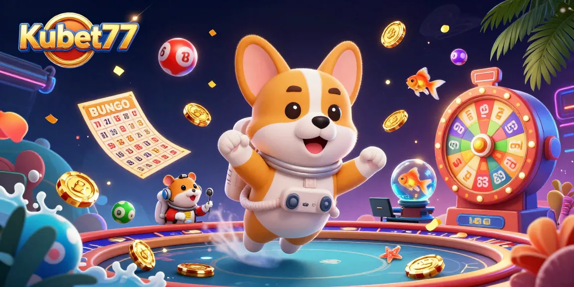 Engage with Kubet77’s vibrant casino scene featuring an astronaut corgi among dynamic game elements.