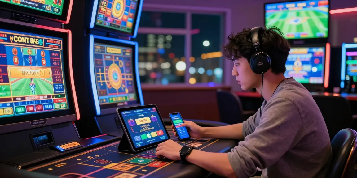 Engaged player exploring the qs88 gambling platform amidst a vibrant gaming atmosphere, surrounded by colorful slot machines and sports betting screens.