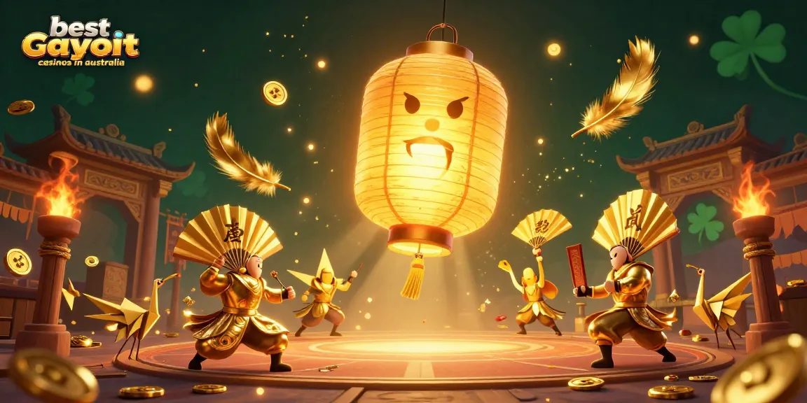 Engage with the best payout casinos in Australia featuring a giant lantern spirit and golden warriors in a vibrant casino scene.
