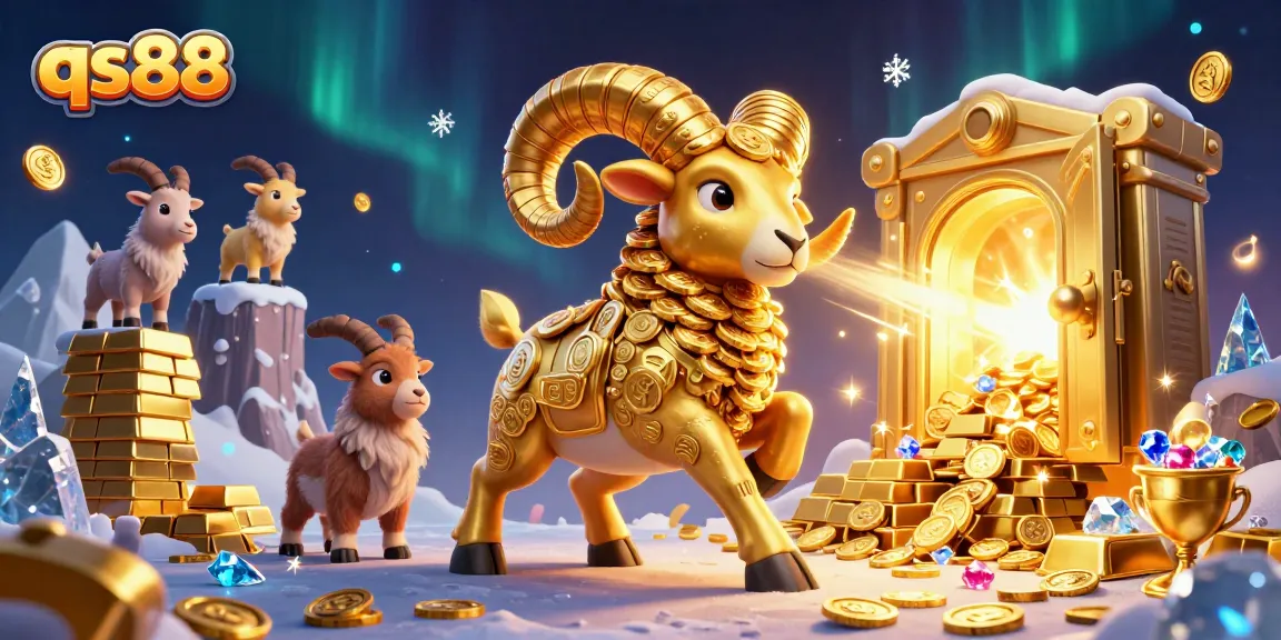 Experience excitement at qs88 with a golden ram charging towards a treasure vault in a dynamic casino scene.