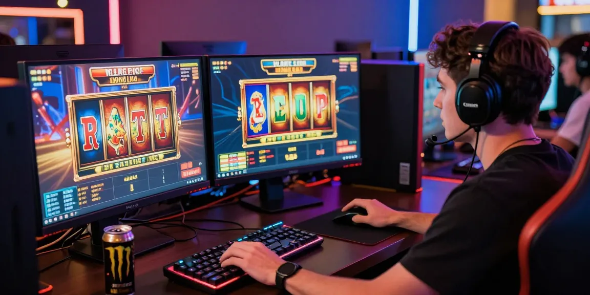 Pengalaman bermain Slot gacor di lingkungan gaming yang dinamis dengan monitor berwarna-warni.