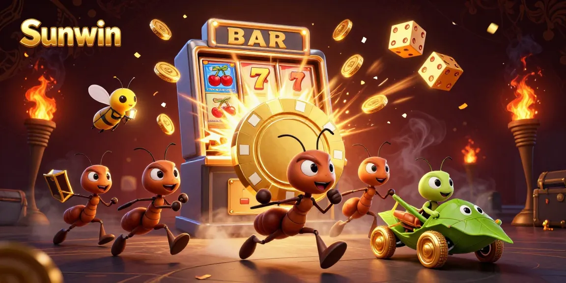 Catch the excitement of Sunwin with ants pulling off a heist amidst a vibrant casino scene filled with jackpots and treasures.