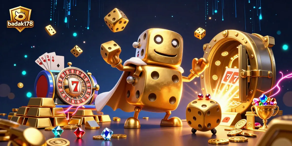 Join the excitement at badak178 with a dynamic scene of gold and gaming elements in a vibrant illustration.