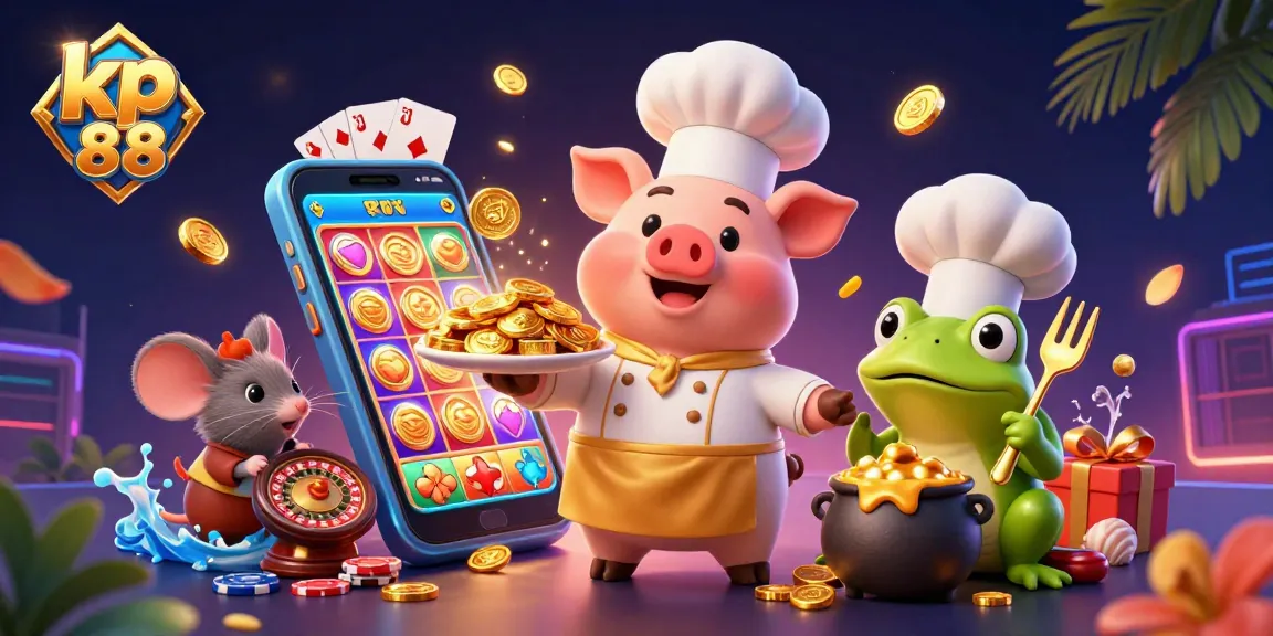 Engage in thrilling gameplay at kp 88 with a vibrant casino scene featuring a pig chef and exciting gaming elements.