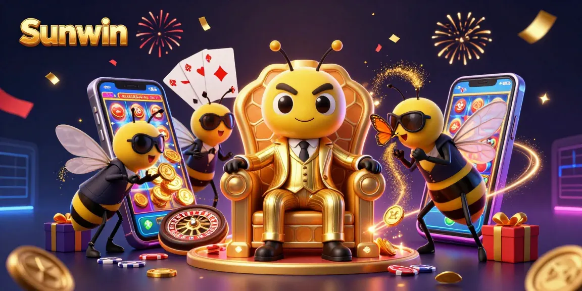 Sunwin reveals a bumblebee mob boss in a casino-packed scene filled with vibrant gaming elements.