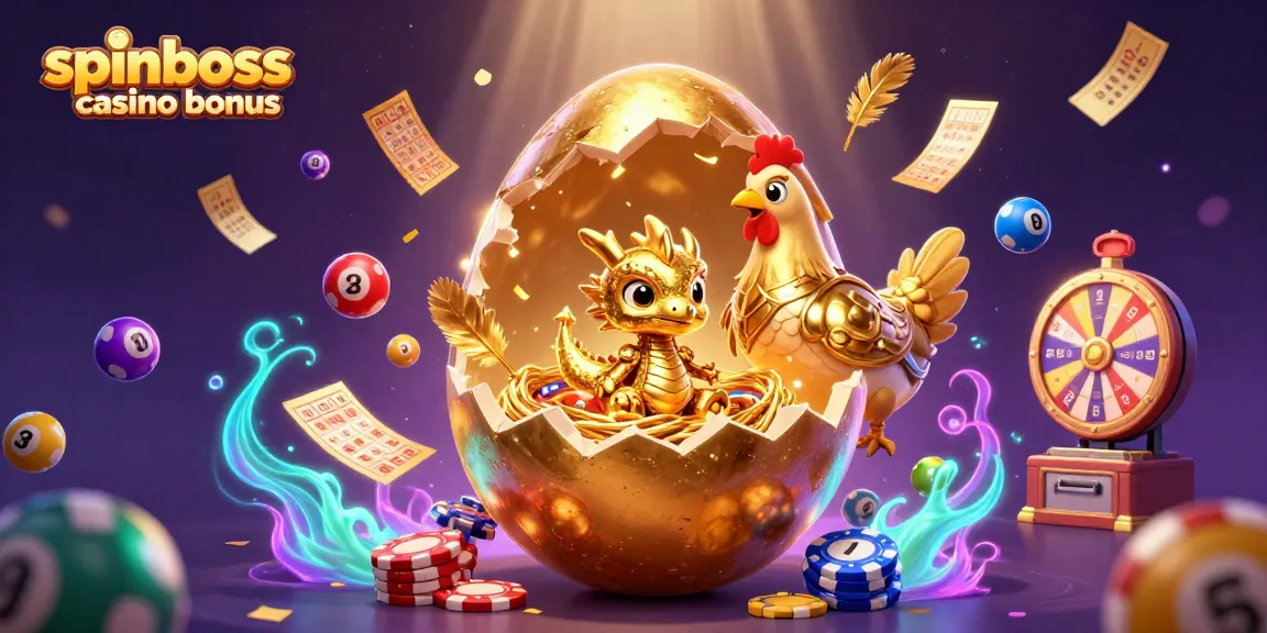 Spinboss Casino Bonus mit goldenem Drachen, Pokerchips und Gewinnmöglichkeiten im Casino.