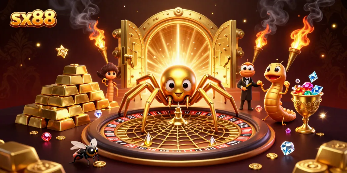 Experience thrilling bets at sx88 with a 3D spider and centipede dealer in a vibrant casino.