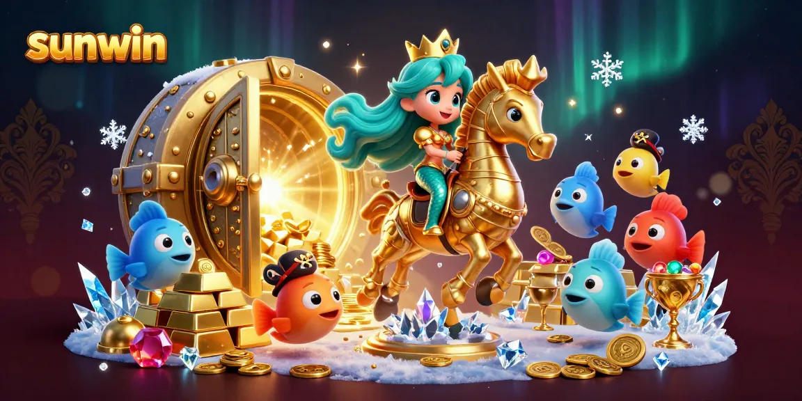 Experience sunwin's thrilling adventure with a mermaid princess riding a seahorse amidst treasure troves.