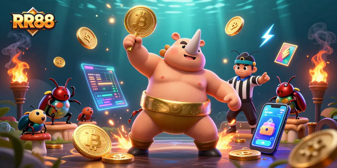 RR88 unleashes excitement as a sumo beetle stomps coins among crypto elements in a vibrant casino scene.